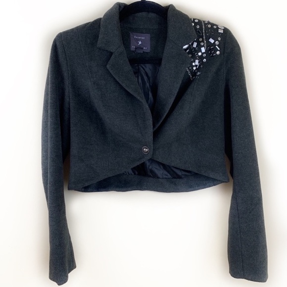 Forever 21 bedazzled gray cropped lined blazer - Picture 1 of 9